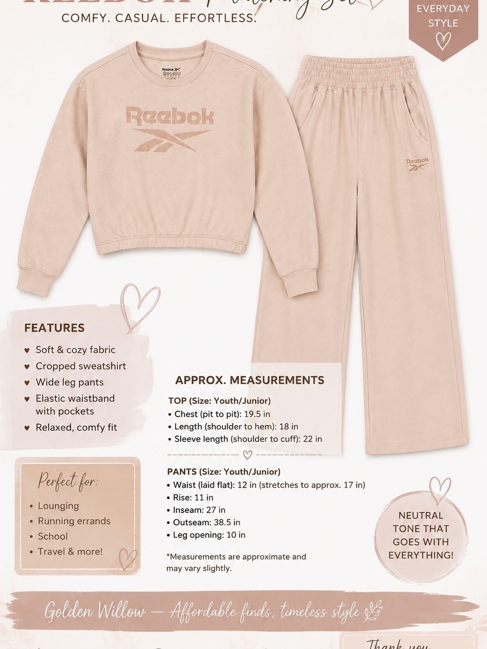 Reebok Light Pink Kids Two-Piece Lounge Sweatsuit Set Size 9/10 - Picture 8 of 8
